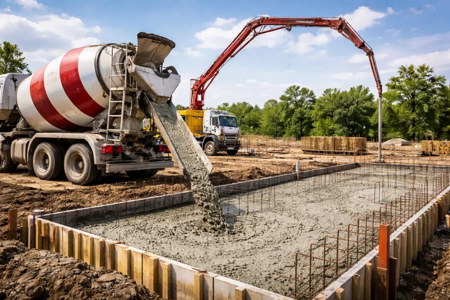 Praca na placu budowy z betonowaniem