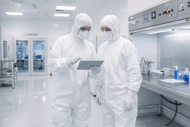 Pracownicy w sterylnych strojach w laboratorium