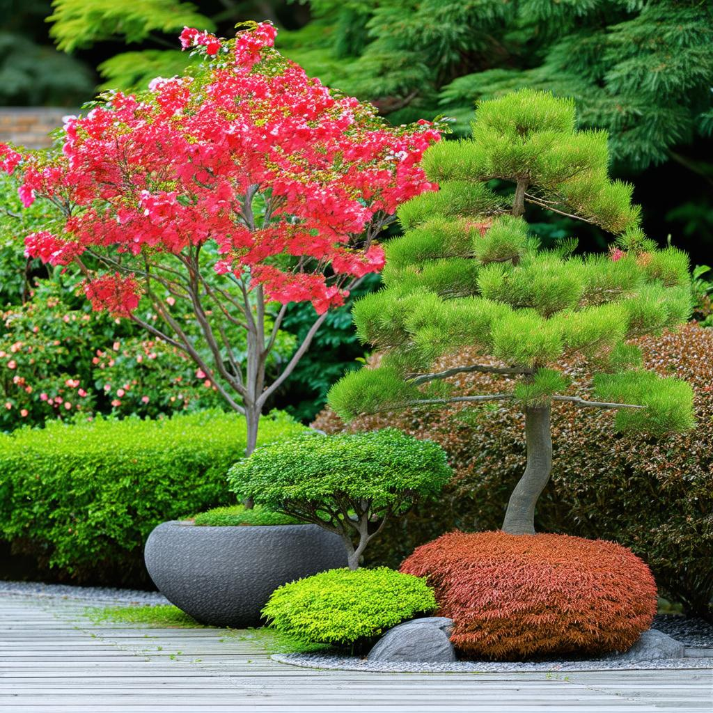 Three uniquely shaped small trees in a garden illustrating diverse foliage colors and forms suitable for small garden designs